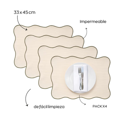 Pack X4 mantel individual de mesa formato irregular impermeable | 33 x 45 cm