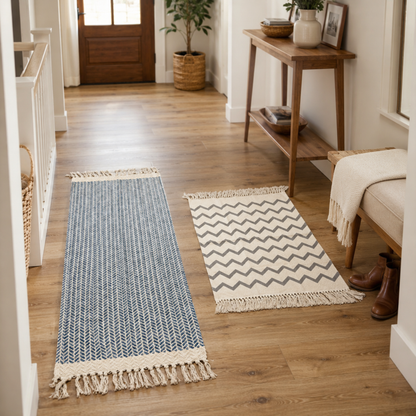 Pack Calma | Afombra tejida con detalles en azul + alfombra chevron celeste