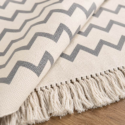 Pack Calma | Afombra tejida con detalles en azul + alfombra chevron celeste